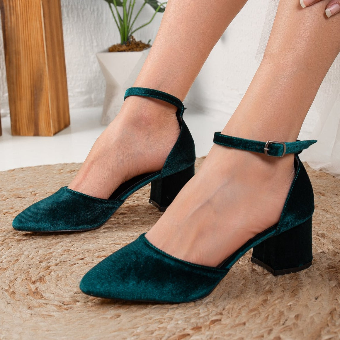 Miranda - Emerald Green Velvet Heels with Pearls – product view 9 showing pearl, velvet, green, SimmiUnique