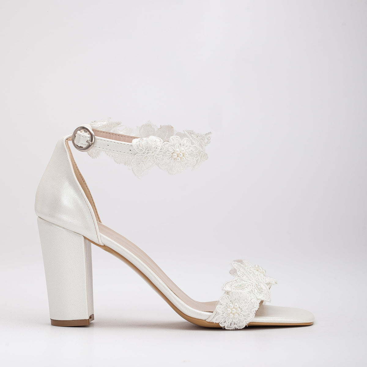 Dede - Ivory Lace Bridal Heels – front three-quarter view showing lace, ivory, white, SimmiUnique