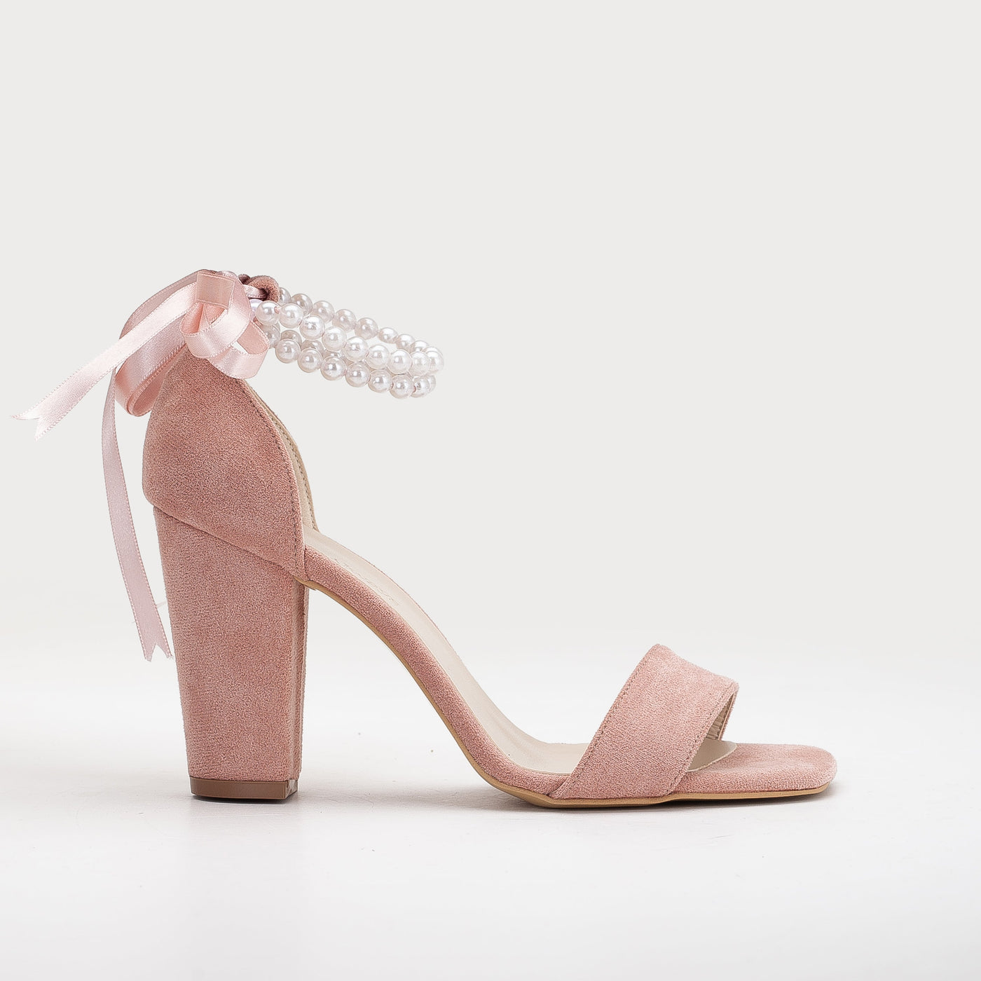 Melissa - Dusty Pink Suede Sandals with Pearls – front three-quarter view showing pearl, leather, suede, SimmiUnique