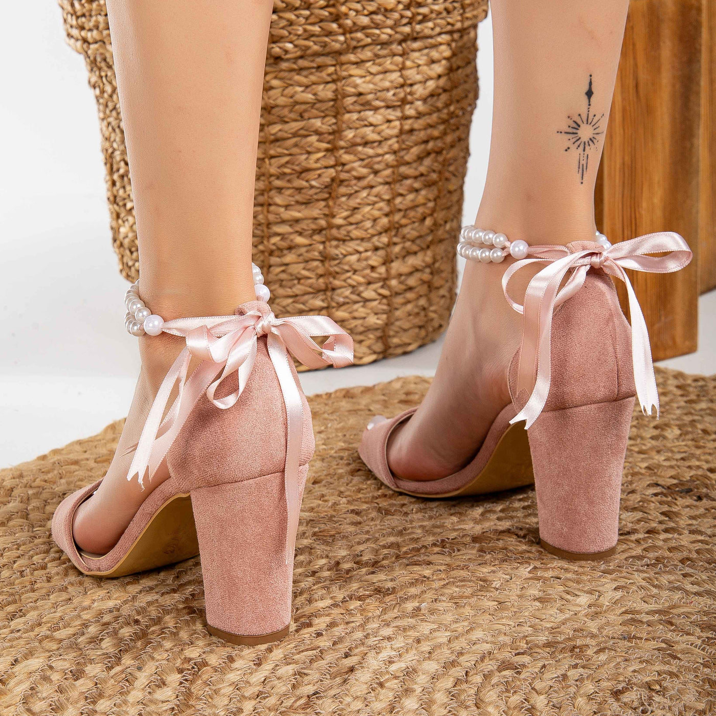 Melissa - Dusty Pink Suede Sandals with Pearls – heel view showing pearl, leather, suede, SimmiUnique