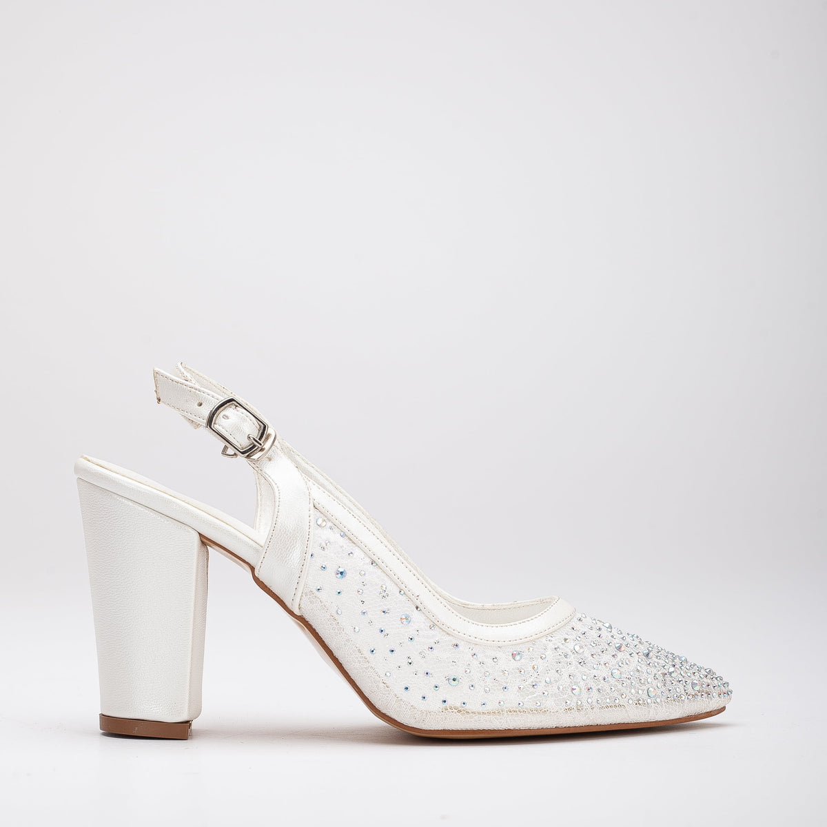 Monique - Ivory Lace Slingback Shoes – front three-quarter view showing lace, leather, ivory, SimmiUnique
