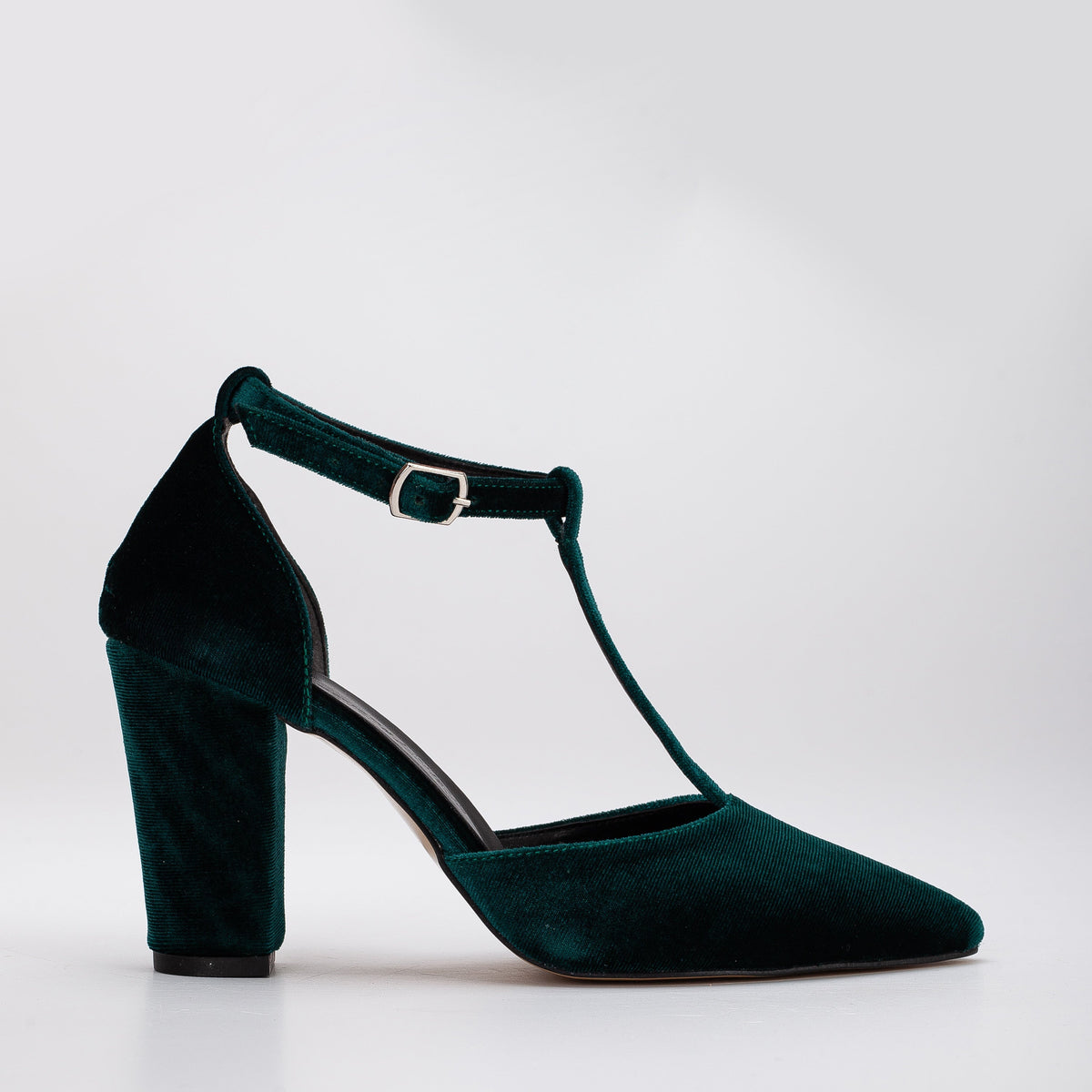 Angelique - Emerald Green Velvet Heels – front three-quarter view showing velvet, green, SimmiUnique