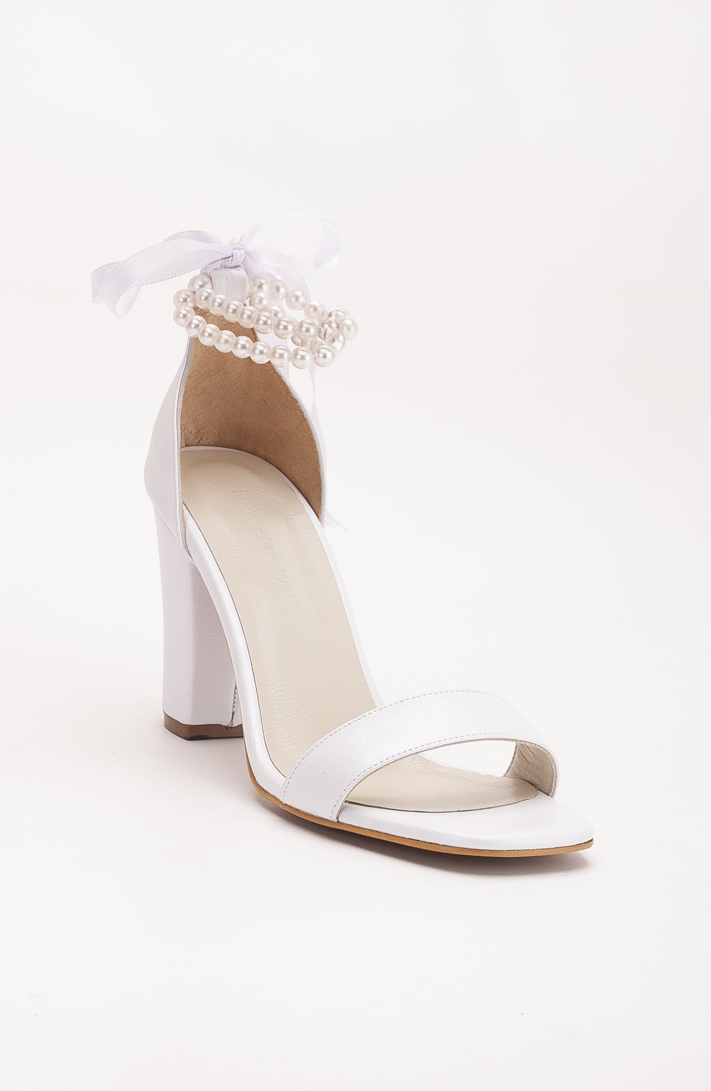 Dina - Ivory Bridal Leather Sandals with Pearls – front three-quarter view showing pearl, leather, ivory, SimmiUnique
