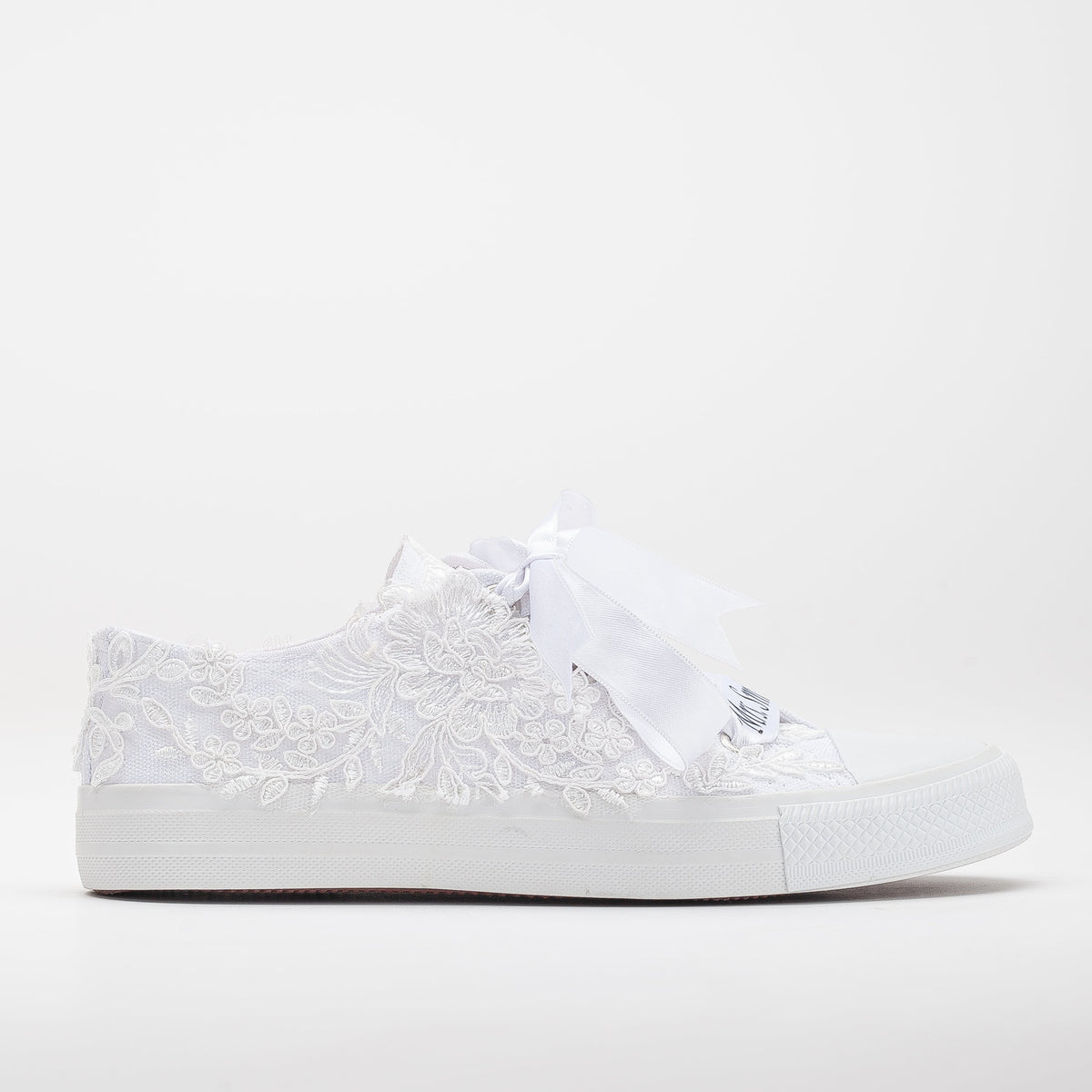 Belle - White Low Wedding Converse – front three-quarter view showing lace, satin, white, SimmiUnique