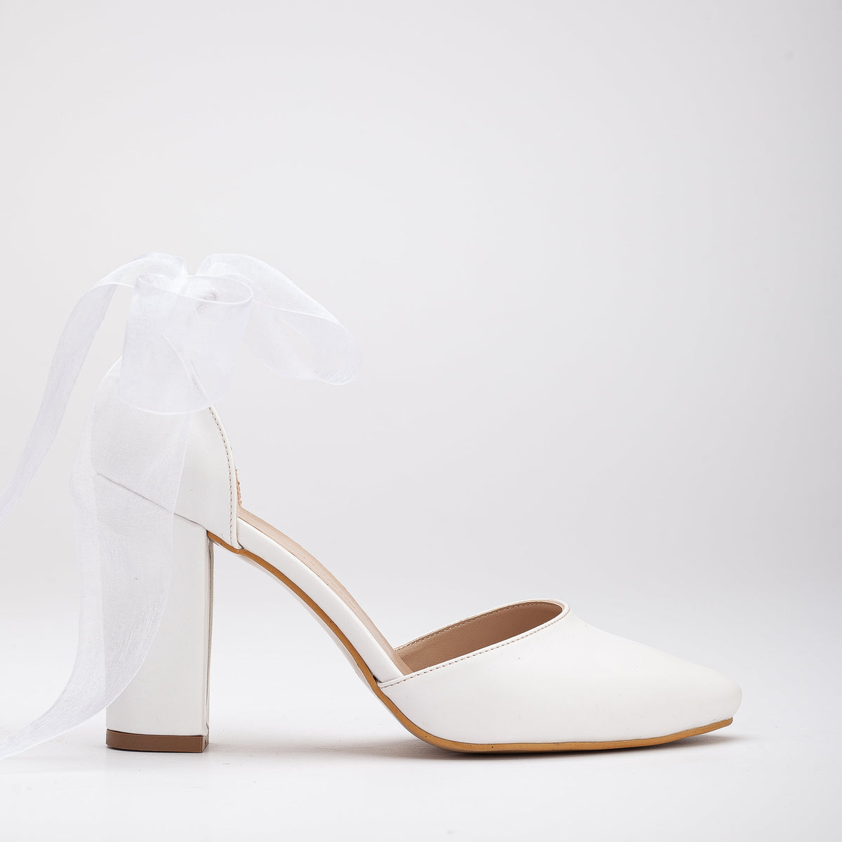 Gisele - White Bridal Shoes with Ribbon – front three-quarter view showing leather, white, SimmiUnique