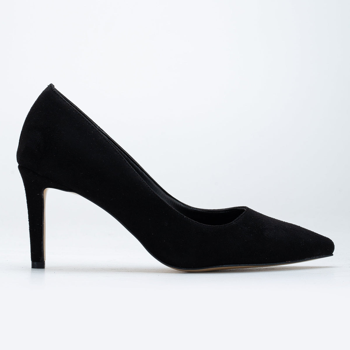 Perla - Black Suede Pointed Toe Stiletto Pump – front three-quarter view showing leather, suede, black, SimmiUnique