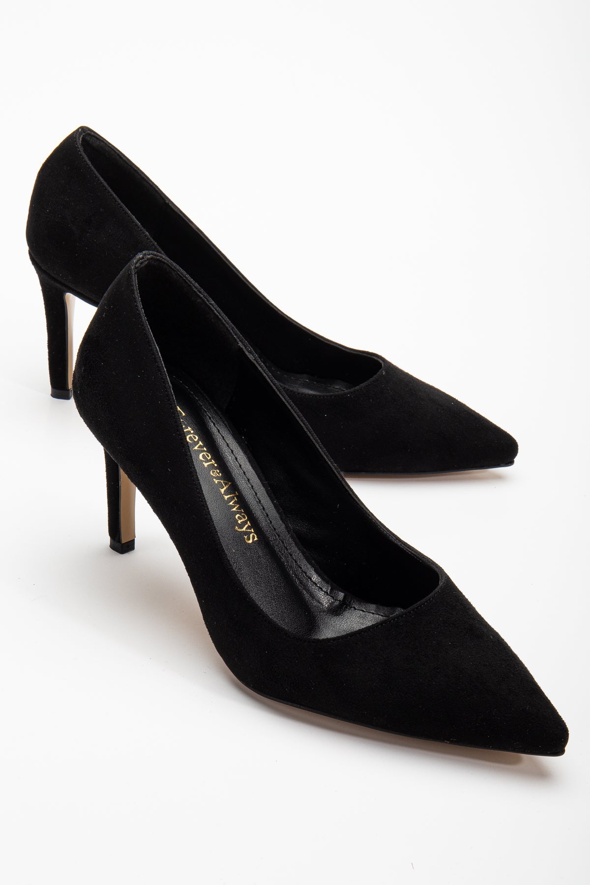 Perla - Black Suede Pointed Toe Stiletto Pump – side view showing leather, suede, black, SimmiUnique