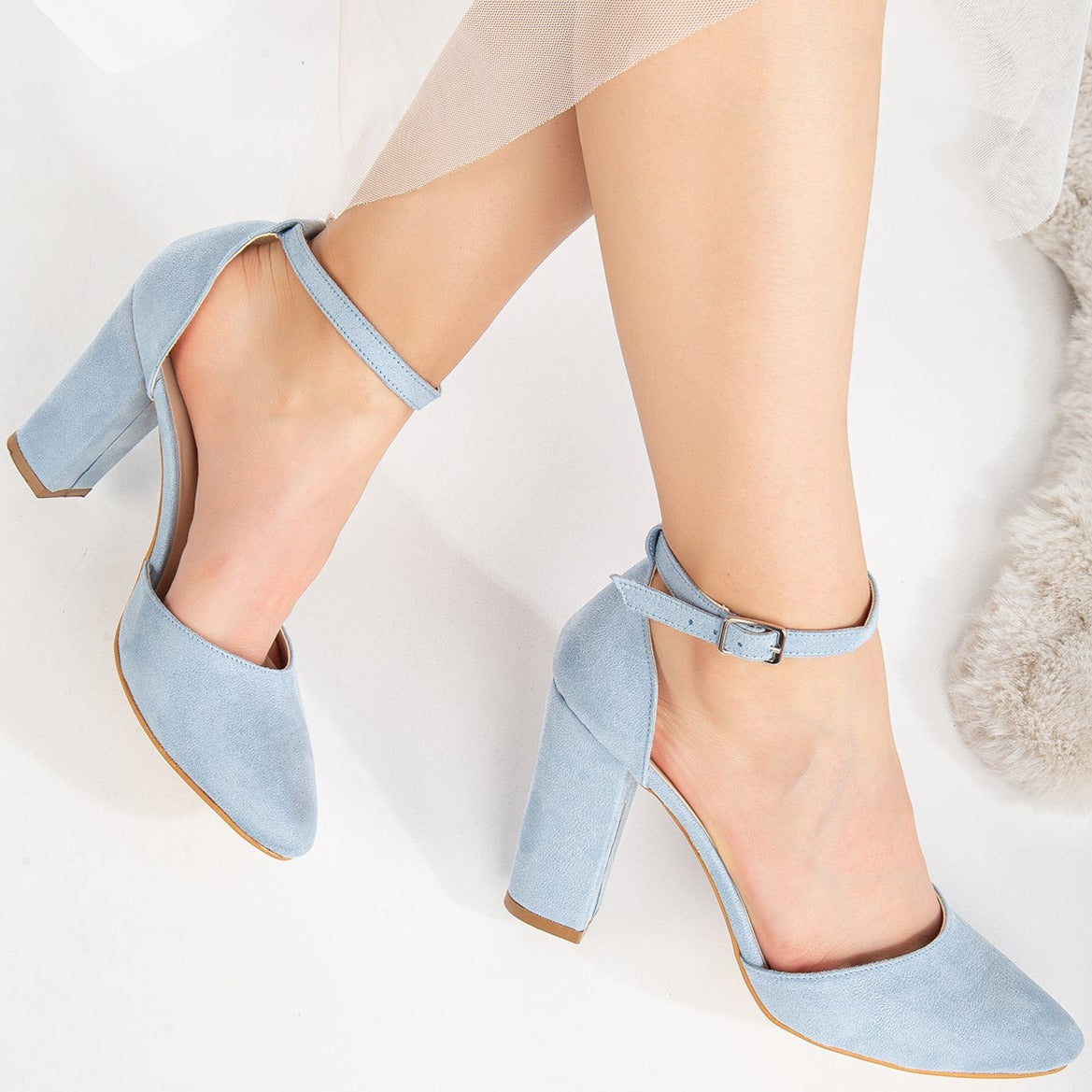 Gisele - Baby Blue Suede Wedding Heels – detail view showing leather, suede, blue, SimmiUnique