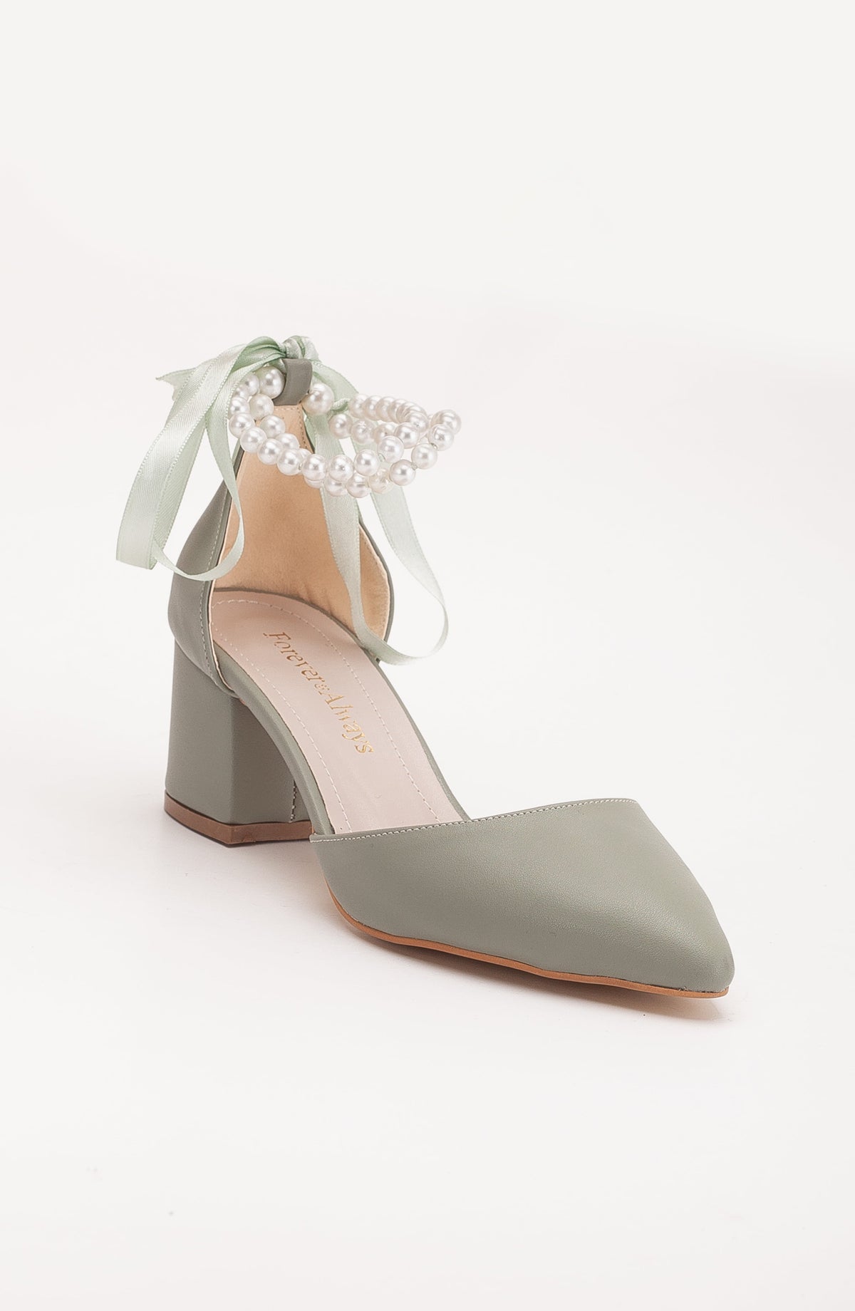 Miranda - Sage Green Pumps with Pearls – front three-quarter view showing pearl, leather, green, SimmiUnique