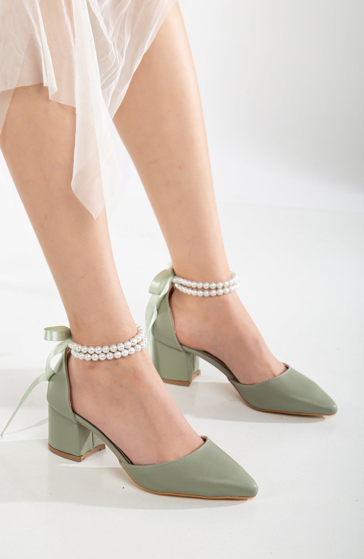 Miranda - Sage Green Pumps with Pearls – detail view showing pearl, leather, green, SimmiUnique