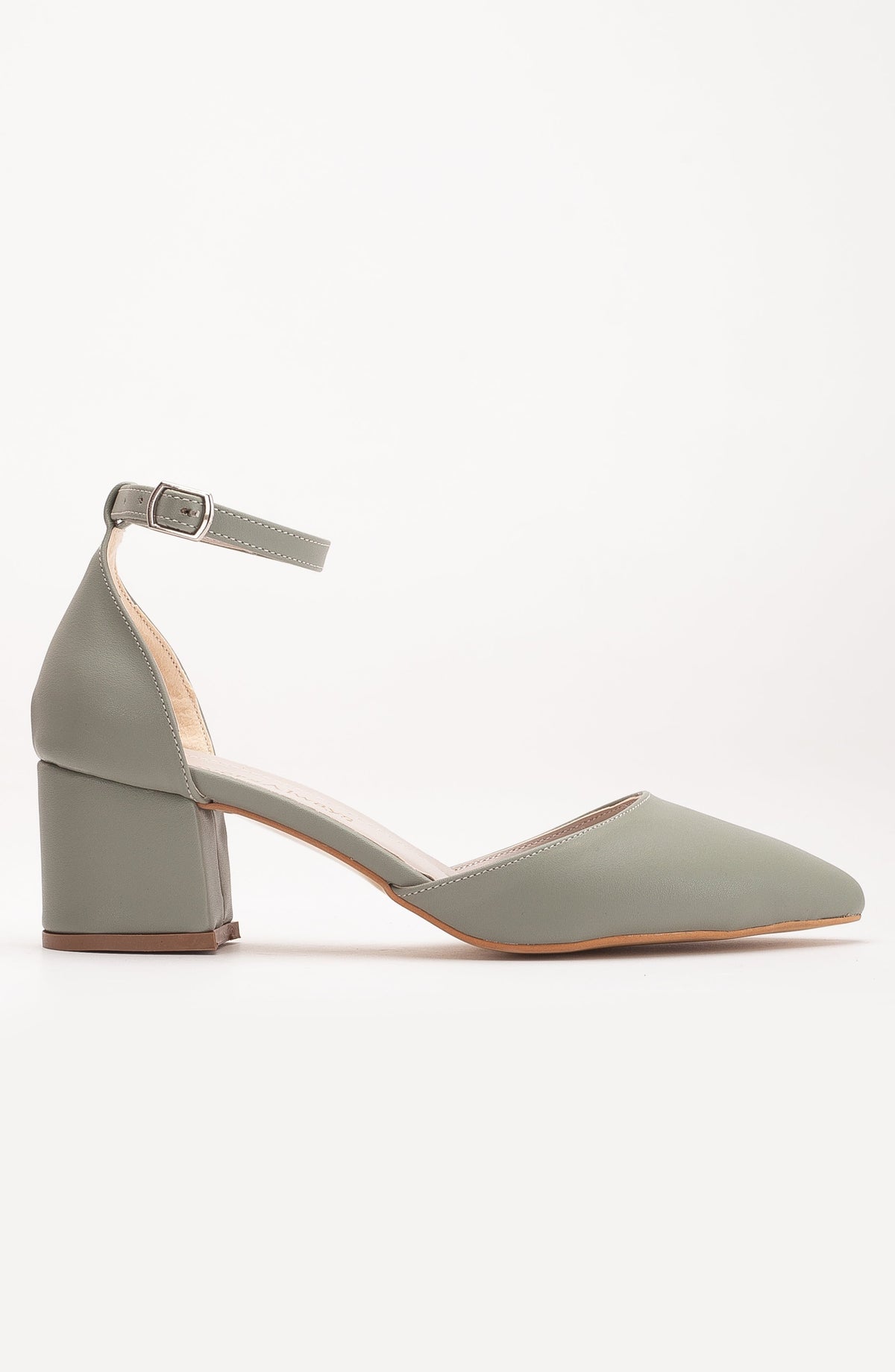 Miranda - Sage Green Pumps with Pearls – heel view showing pearl, leather, green, SimmiUnique