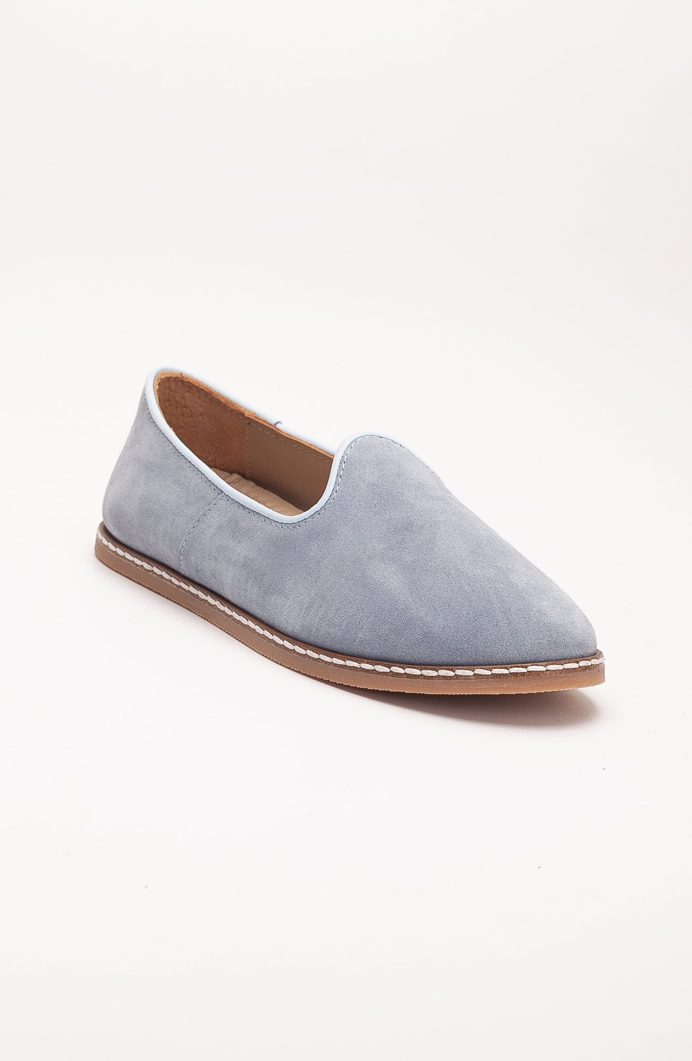Istanbul - Dusty Blue Suede Leather Slip On – front three-quarter view showing leather, suede, blue, SimmiUnique