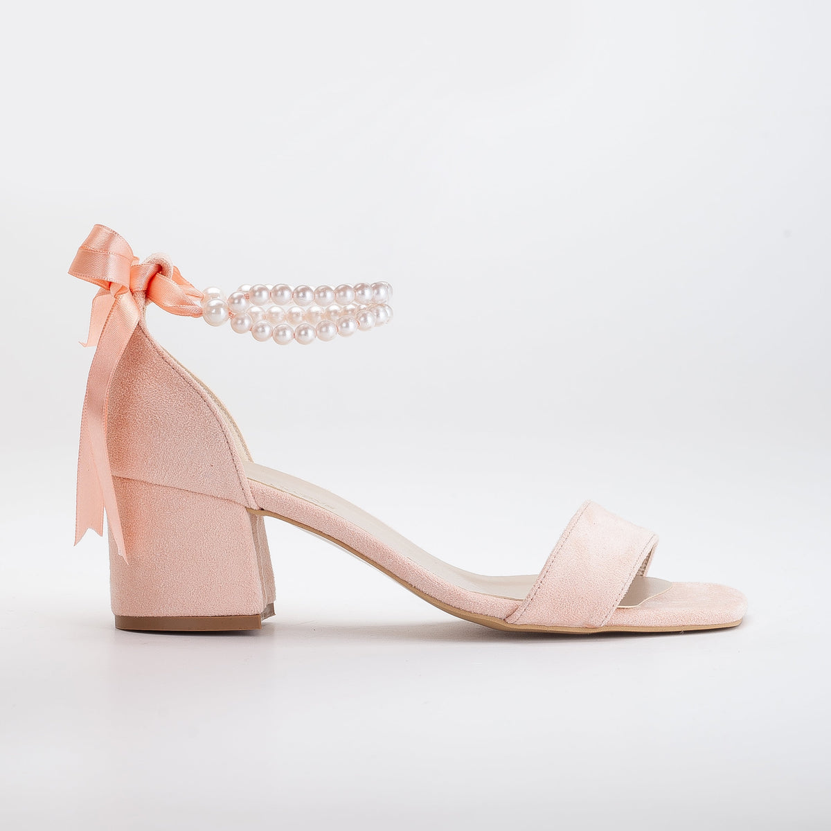 Illy - Coral Suede Sandals with Pearls – front three-quarter view showing pearl, leather, suede, SimmiUnique