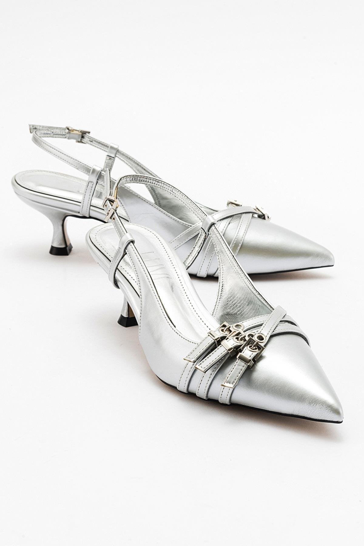 Woss - Silver Leather-Effect Belt Detail Heeled Shoe – side view showing leather, silver, SimmiUnique