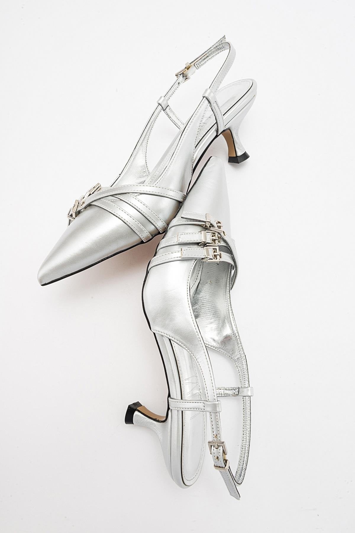 Woss - Silver Leather-Effect Belt Detail Heeled Shoe – top view showing leather, silver, SimmiUnique