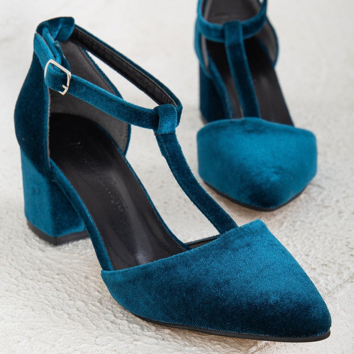 Anicette - Teal Blue Velvet Pumps – heel view showing velvet, blue, SimmiUnique