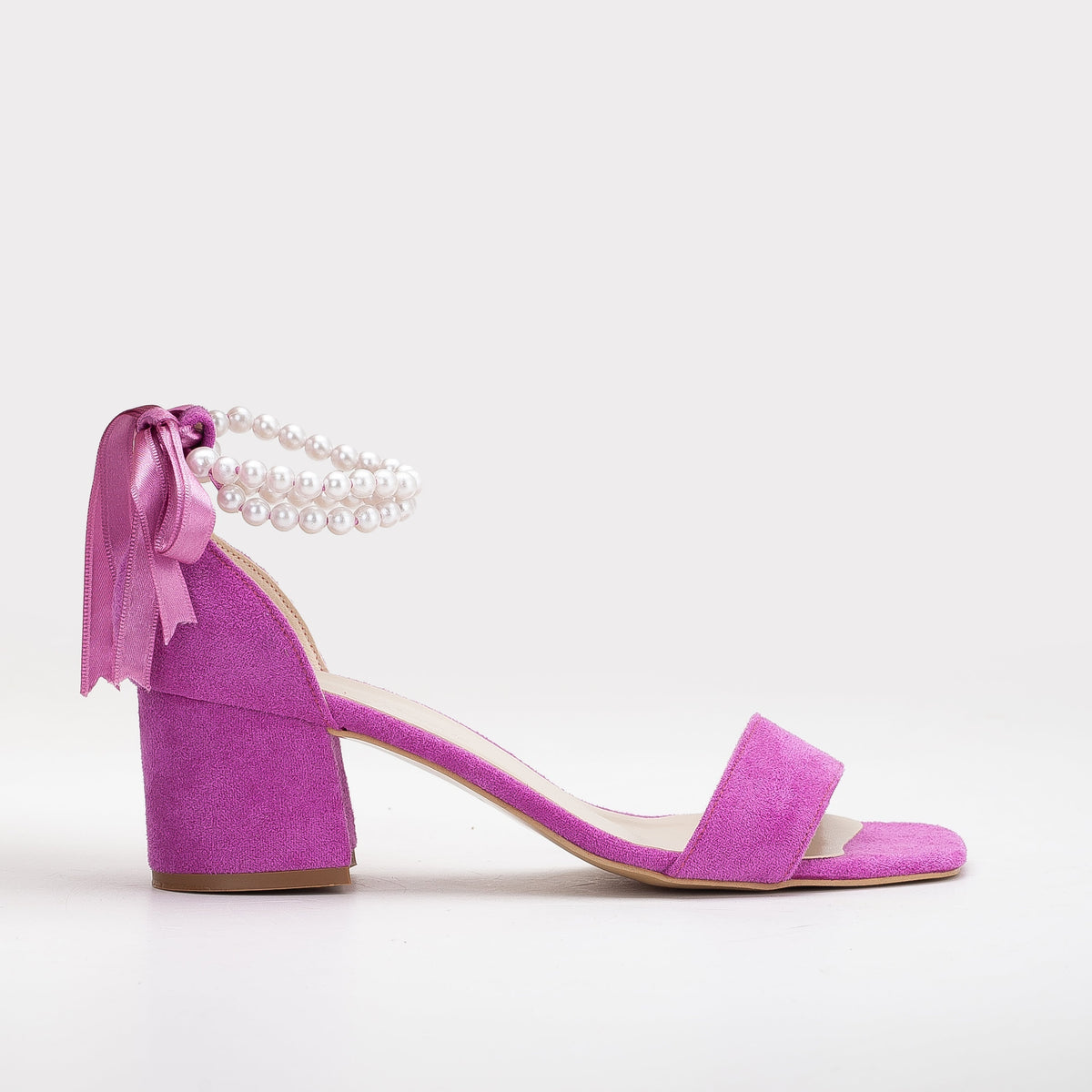 Illy - Fuchsia Bridal Shoes with Pearls – front three-quarter view showing pearl, leather, suede, SimmiUnique