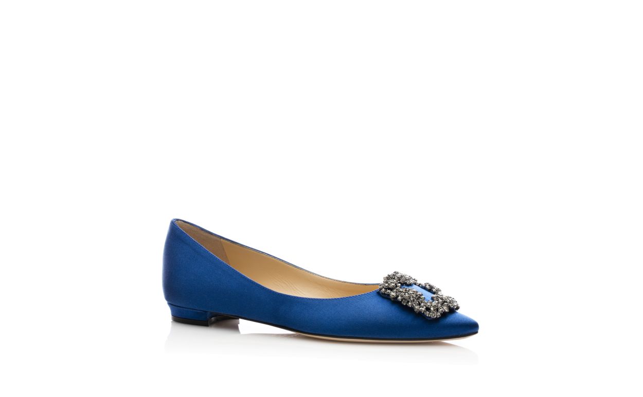 Arabella Bloom Blue Jewel Buckle Pumps – top view showing blue jewel buckle, crystal buckle, almond toe, satin, SimmiUnique