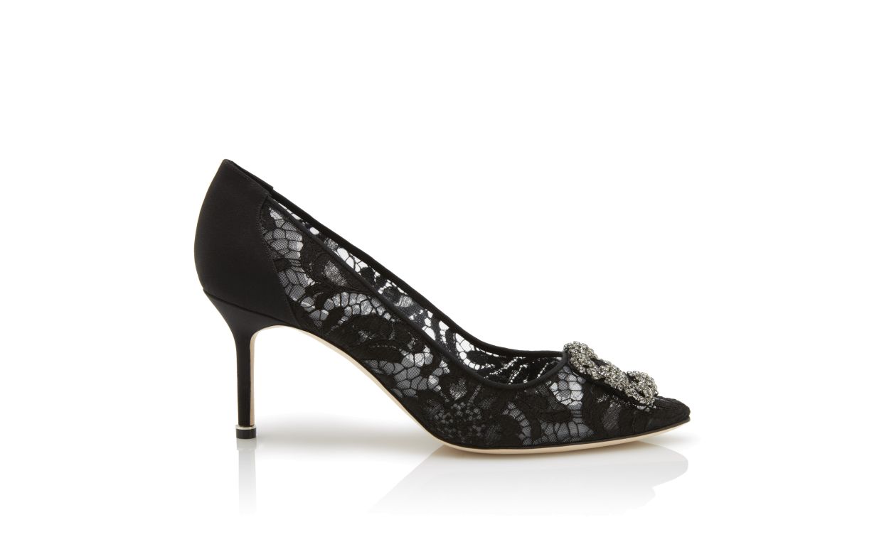 Ophelia Élan Black Jewel Buckle Pumps – side profile showing black jewel buckle, crystal buckle, almond toe, satin…