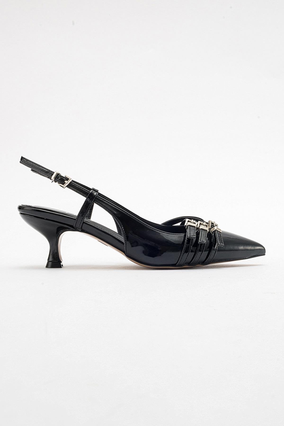 Woss - Black Patent Belt Detail Heeled Shoe – top view showing leather, black, SimmiUnique