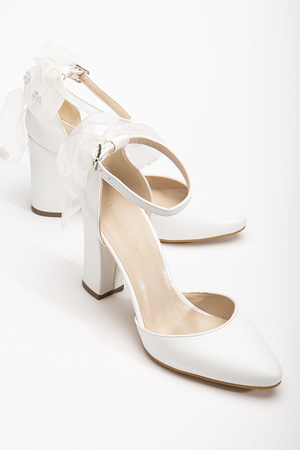 Lilly - White Bridal Shoes with Lace Back Bow – front three-quarter view showing bow, lace, satin, SimmiUnique