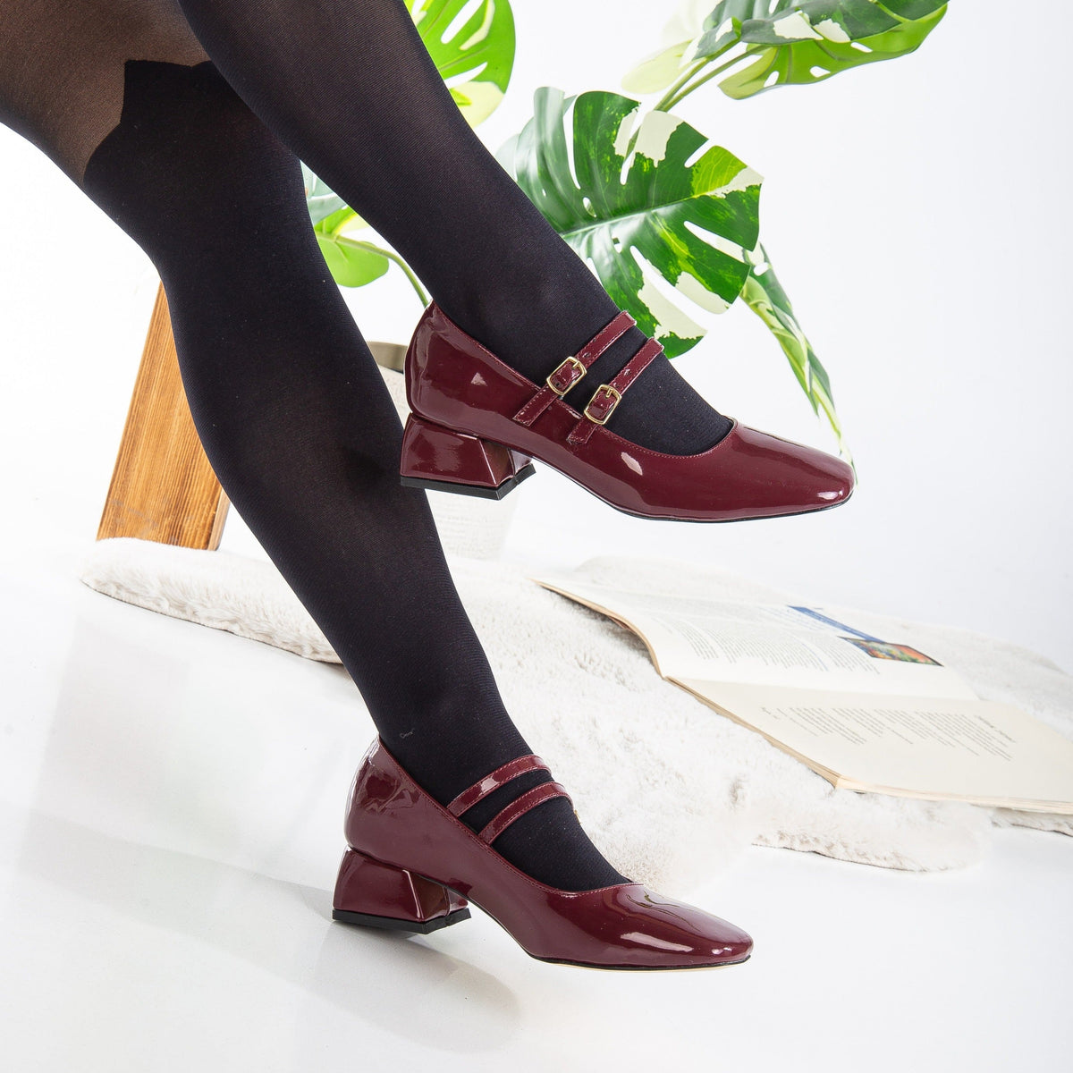 Lizbeth - Red Cherry Mary Jane Shoes – pair view showing leather, red, SimmiUnique