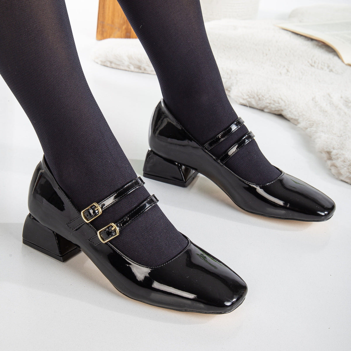 Lizbeth - Black Mary Jane Shoes – top view showing leather, black, SimmiUnique