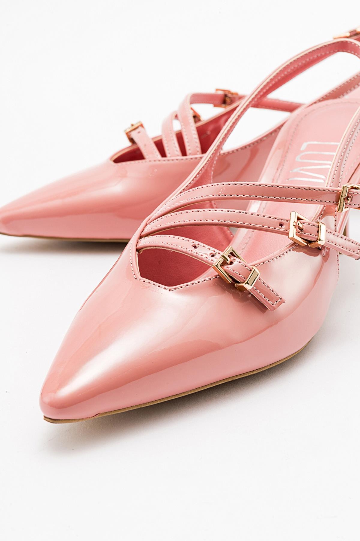 Magra Blush Patent Pointed-Toe Slingback Stiletto – back view showing leather, red, SimmiUnique