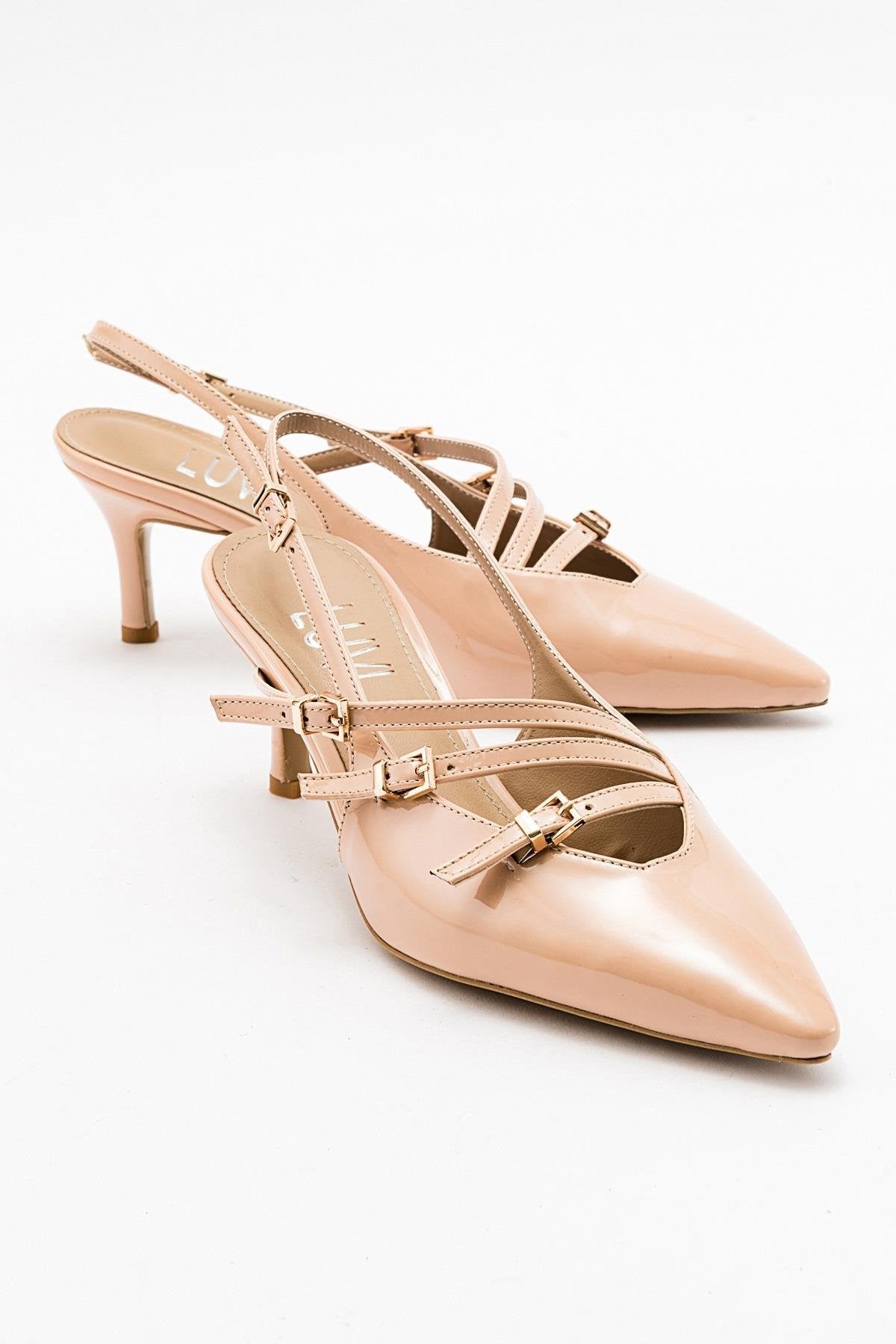 Magra Beige Patent Pointed-Toe Slingback Stiletto – front three-quarter view showing leather, red, SimmiUnique