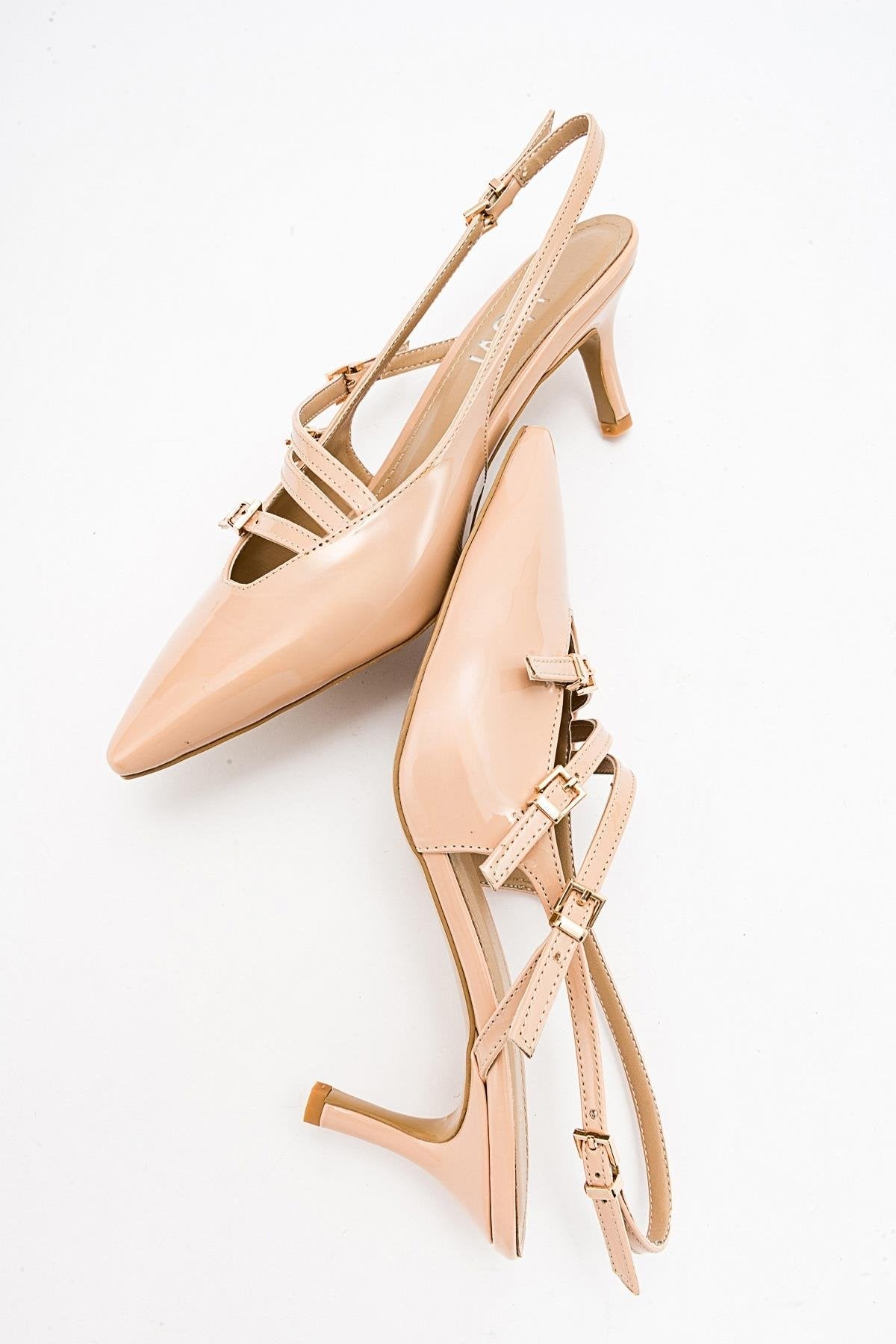 Magra Beige Patent Pointed-Toe Slingback Stiletto – side view showing leather, red, SimmiUnique