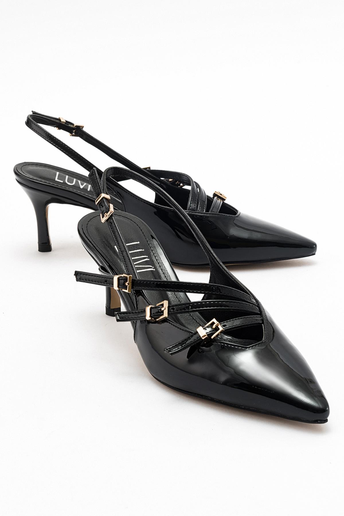 Magra Black Patent Pointed-Toe Slingback Stiletto – front three-quarter view showing leather, black, red, SimmiUnique