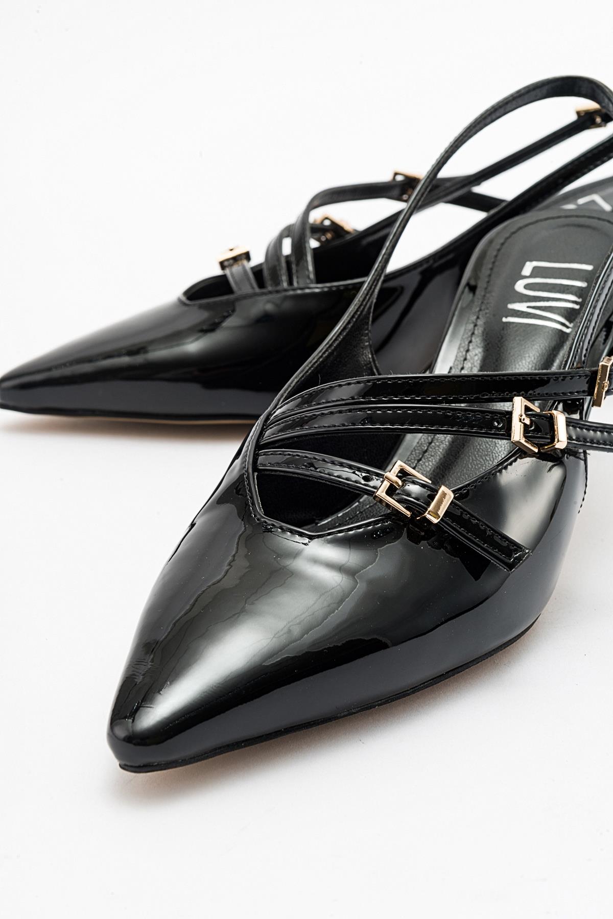 Magra Black Patent Pointed-Toe Slingback Stiletto – back view showing leather, black, red, SimmiUnique