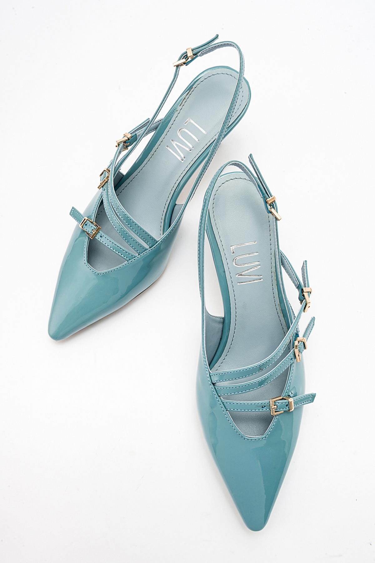 Magra Blue Patent Pointed-Toe Slingback Stiletto – heel view showing leather, blue, red, SimmiUnique