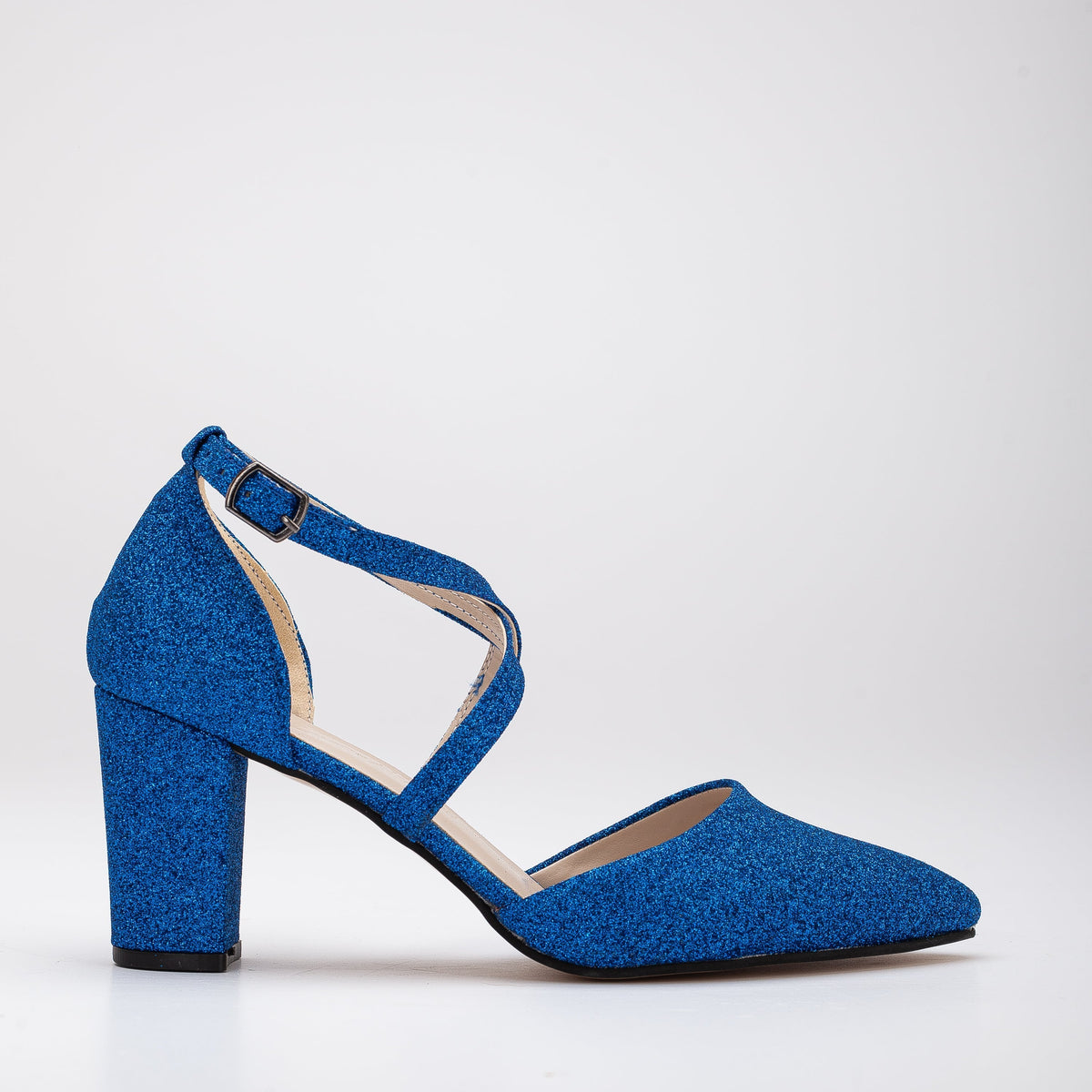 Sina - Bright Blue Glitter Heels – front three-quarter view showing glitter, blue, red, SimmiUnique