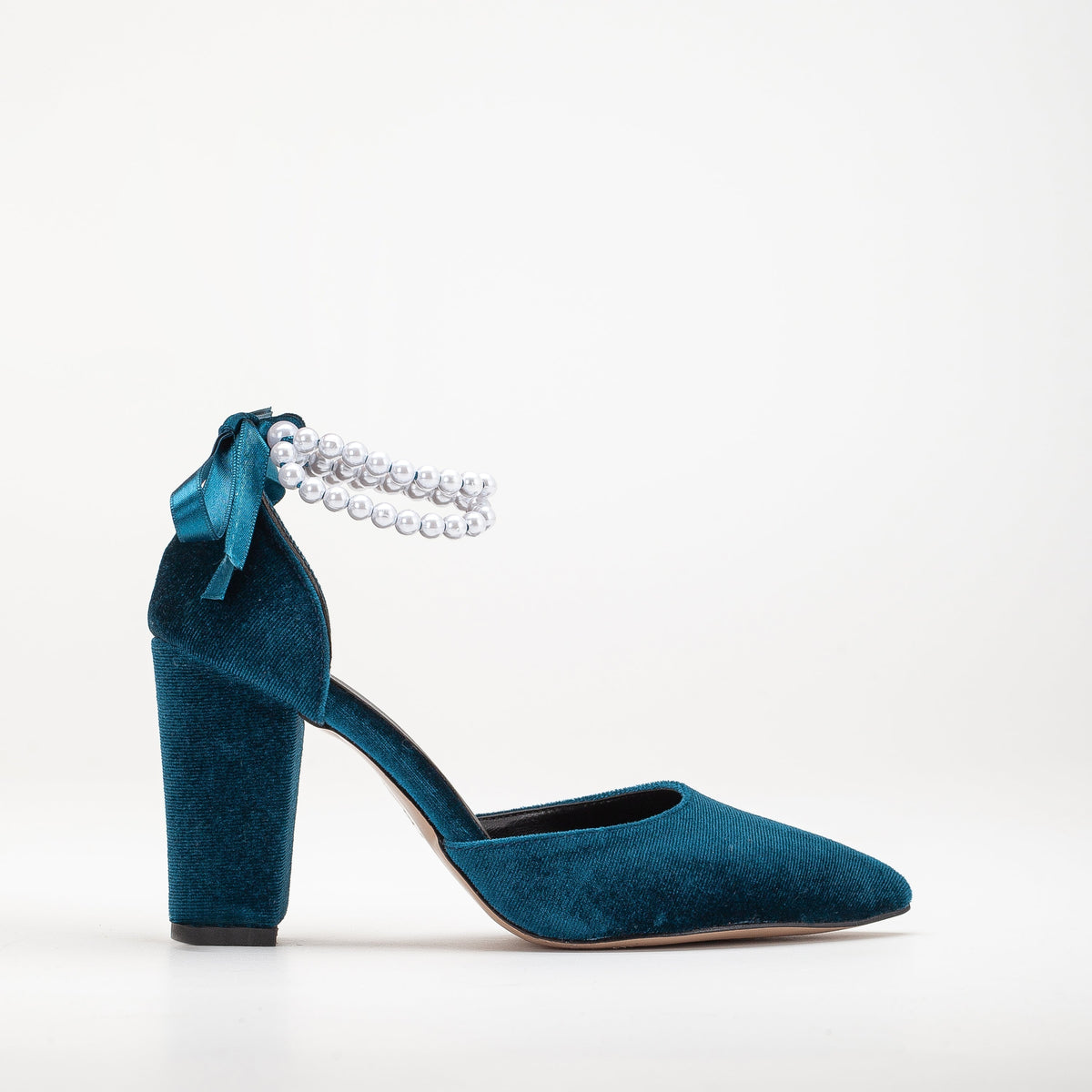 Hazel - Teal Blue Velvet Wedding Heels with Pearls – front three-quarter view showing pearl, velvet, blue, SimmiUnique