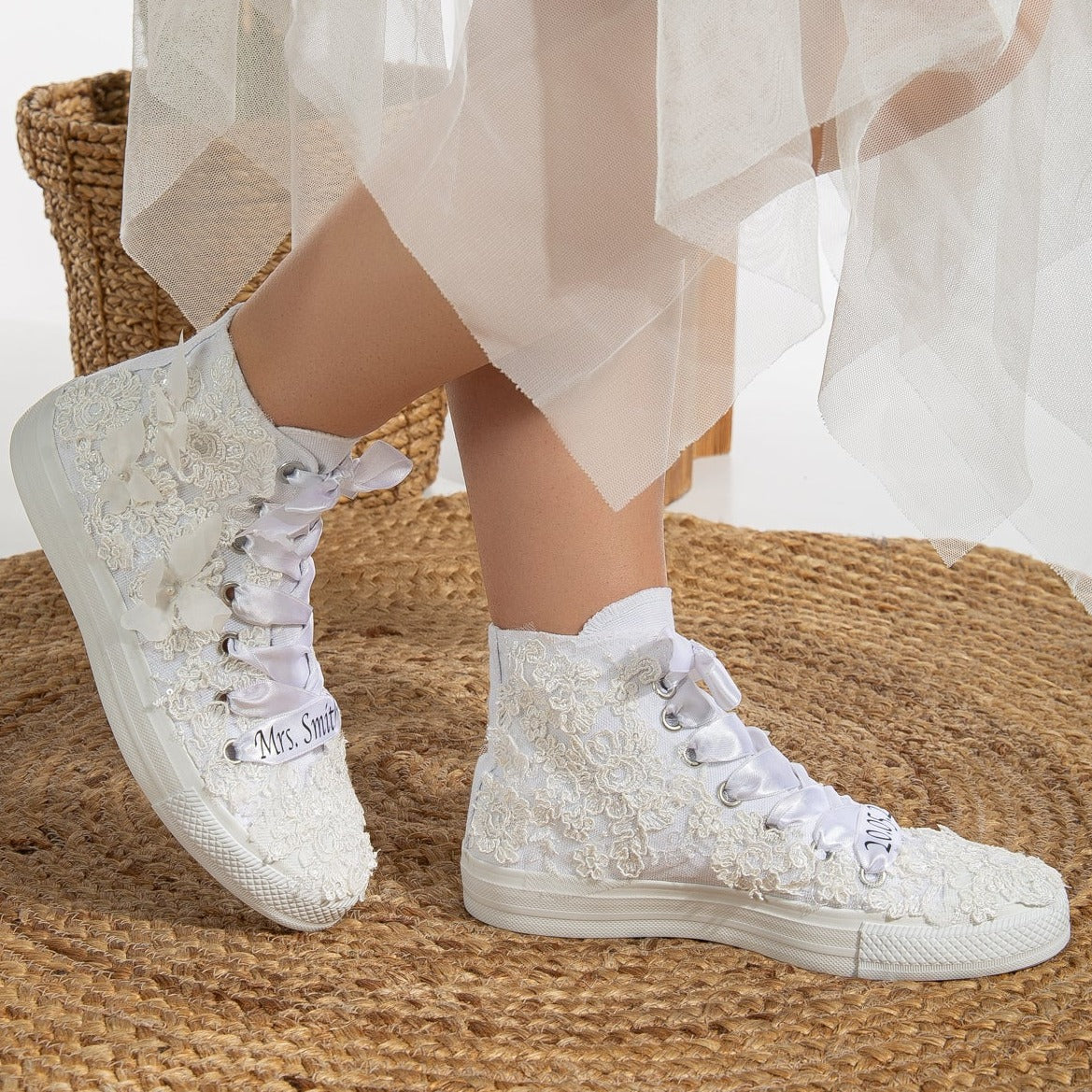 Soleil - White Lace Wedding Converse – side view showing pearl, lace, satin, SimmiUnique