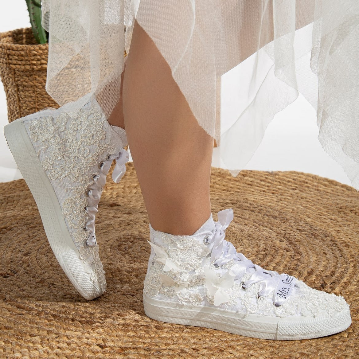 Soleil - White Lace Wedding Converse – back view showing pearl, lace, satin, SimmiUnique