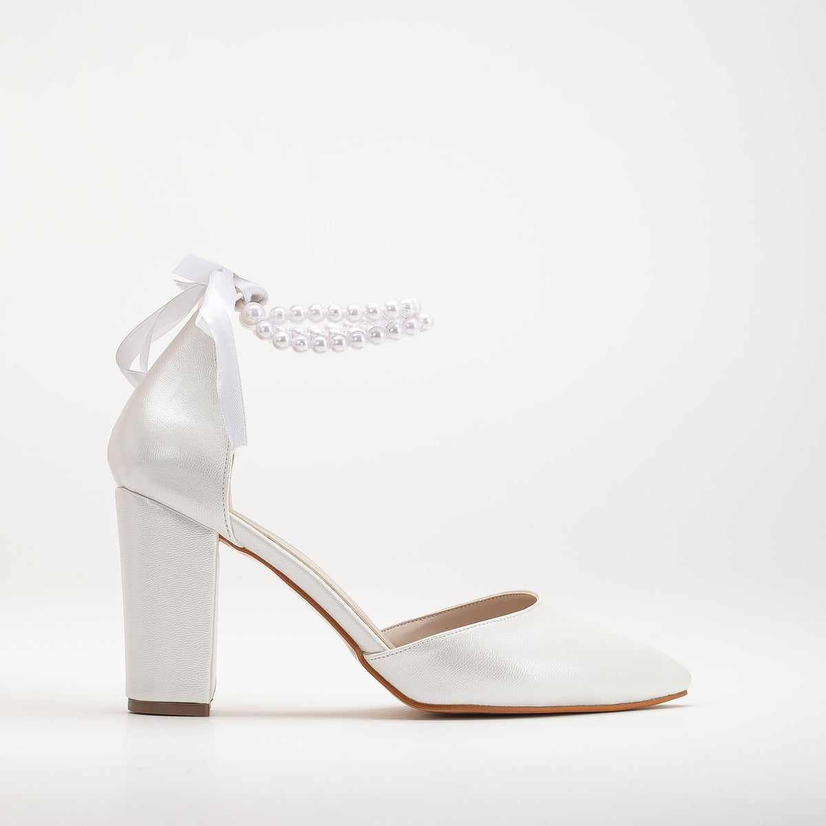 Hazel - Ivory Wedding Heels with Pearls – front three-quarter view showing pearl, leather, ivory, SimmiUnique