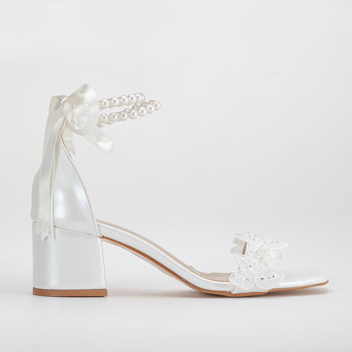 Amber - Ivory Lace Bridal Sandals with Pearls – side view showing pearl, lace, ivory, SimmiUnique