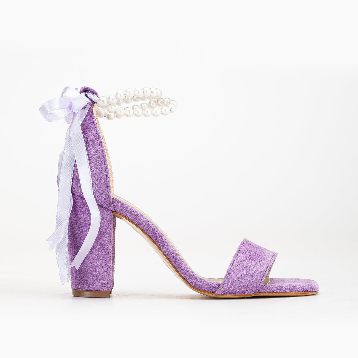 Melissa - Purple Suede Sandals with Pearls – front three-quarter view showing pearl, leather, suede, SimmiUnique