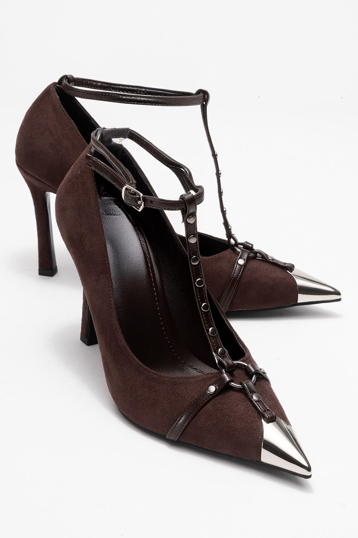 Juliana - Brown Strapped Metallic Toe Heeled Shoe – front three-quarter view showing leather, suede, metallic, SimmiUnique