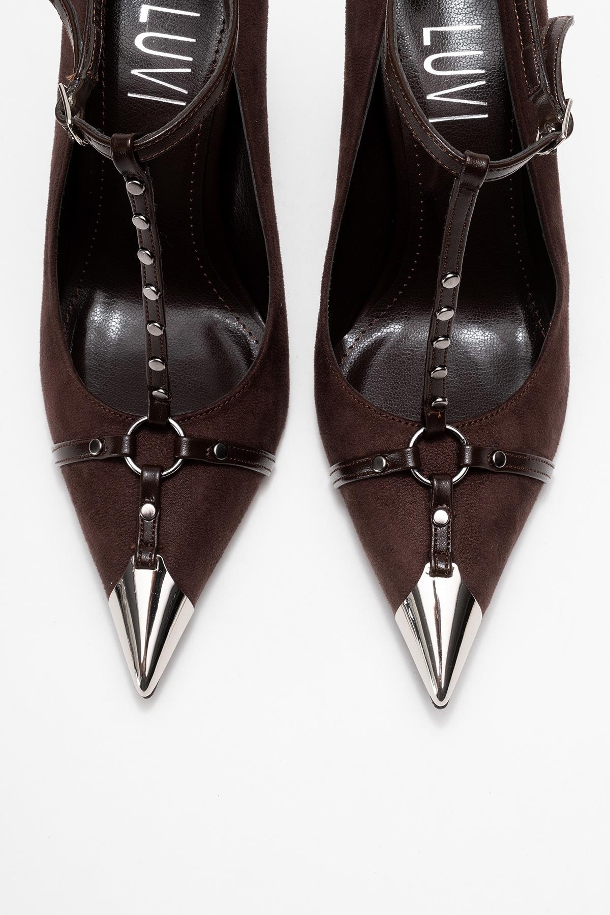 Juliana - Brown Strapped Metallic Toe Heeled Shoe – side view showing leather, suede, metallic, SimmiUnique
