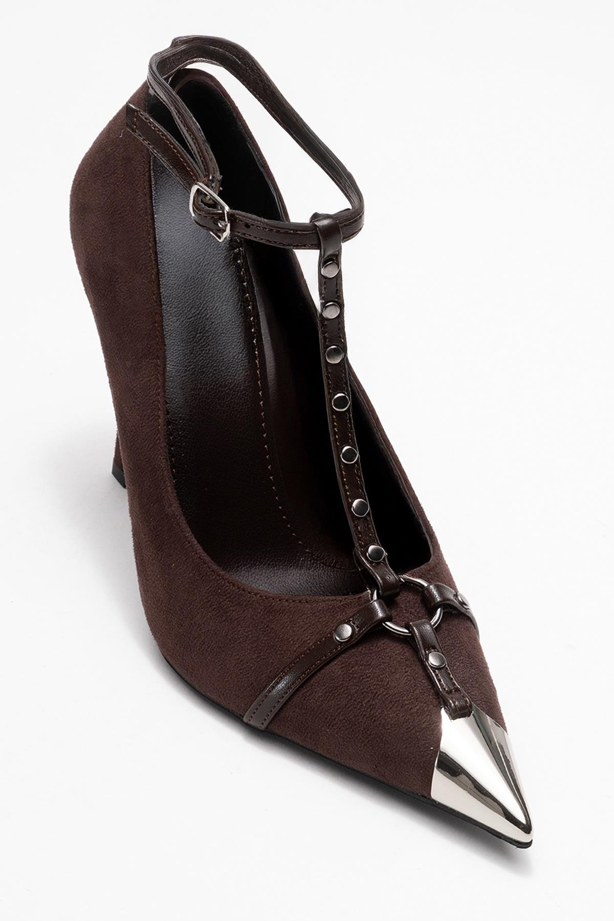 Juliana - Brown Strapped Metallic Toe Heeled Shoe – detail view showing leather, suede, metallic, SimmiUnique