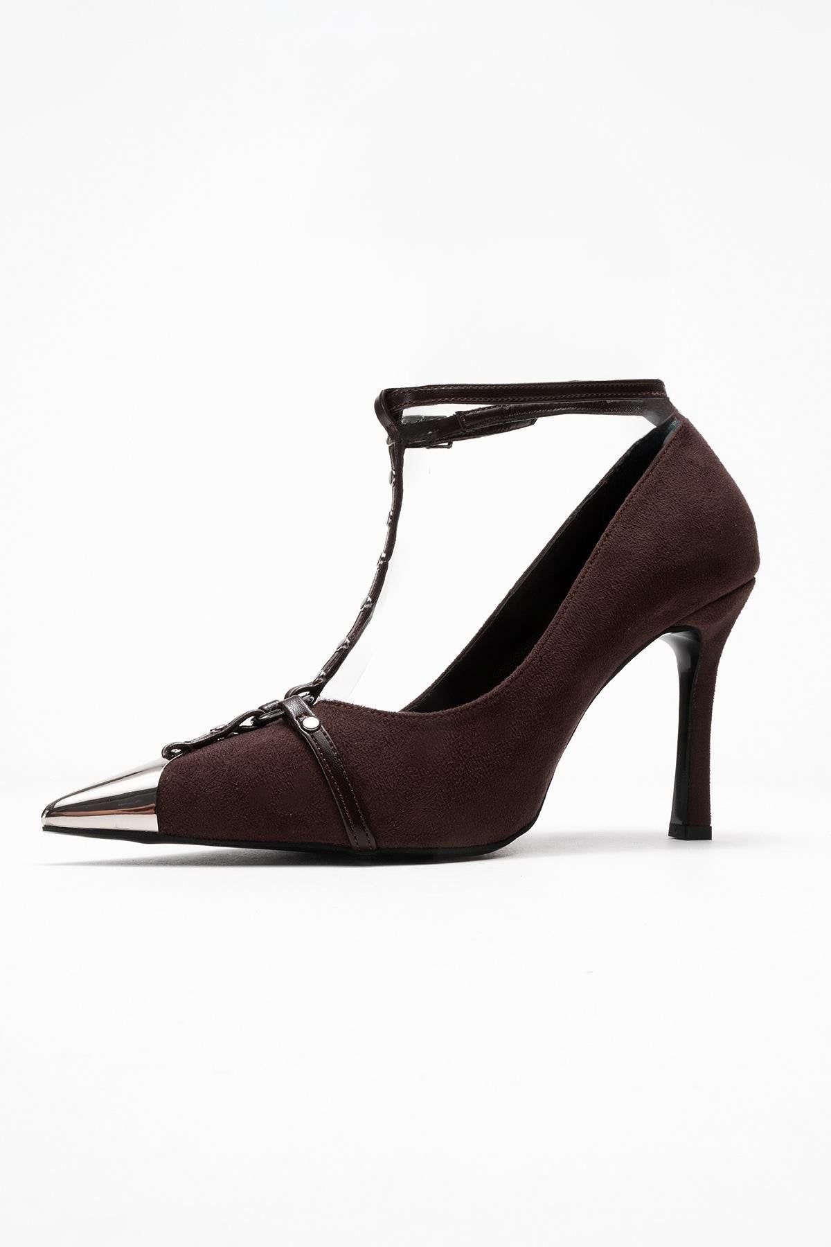 Juliana - Brown Strapped Metallic Toe Heeled Shoe – heel view showing leather, suede, metallic, SimmiUnique