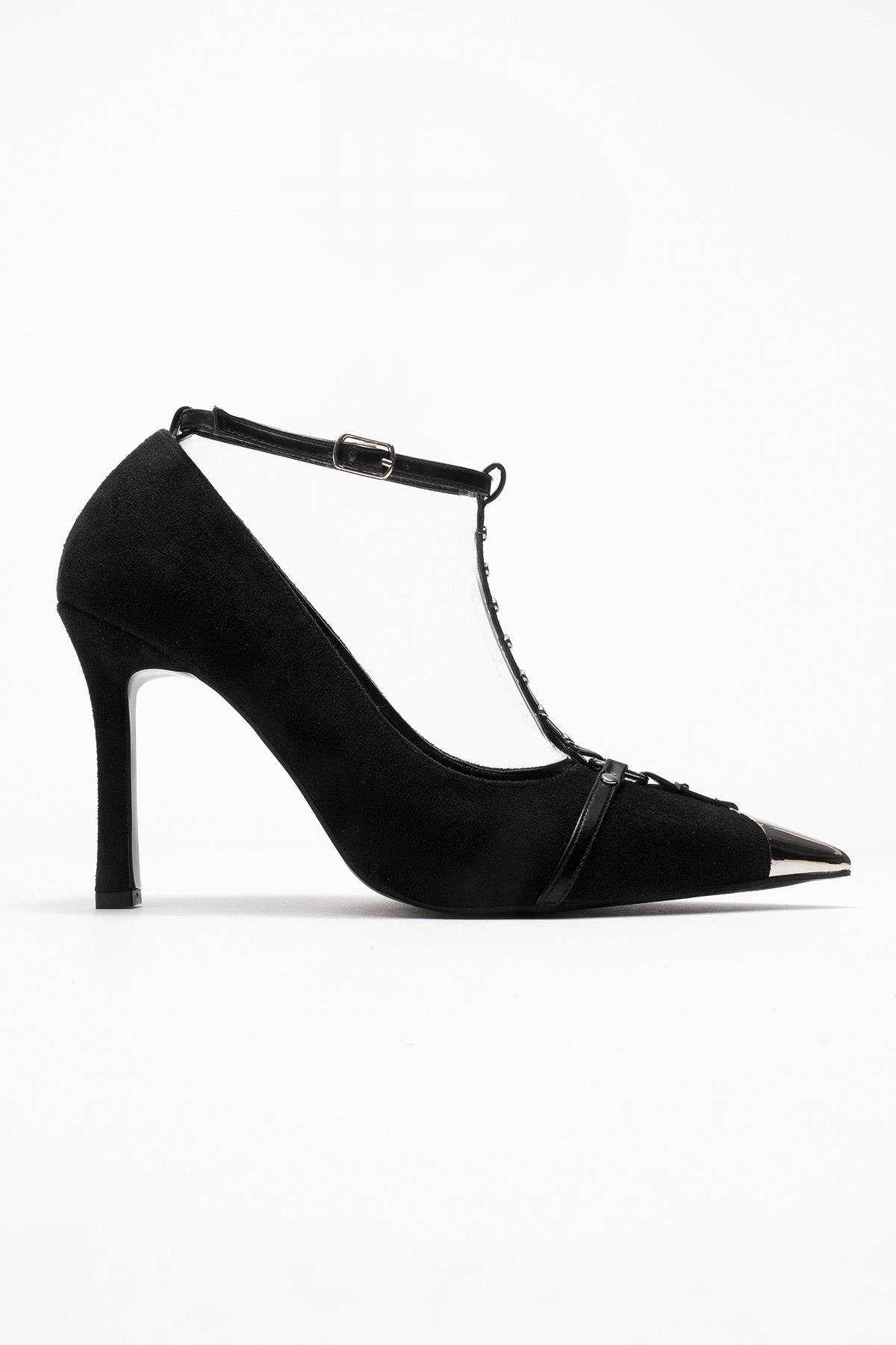 Juliana - Black Strapped Metallic Toe Heeled Shoe – top view showing leather, suede, metallic, SimmiUnique