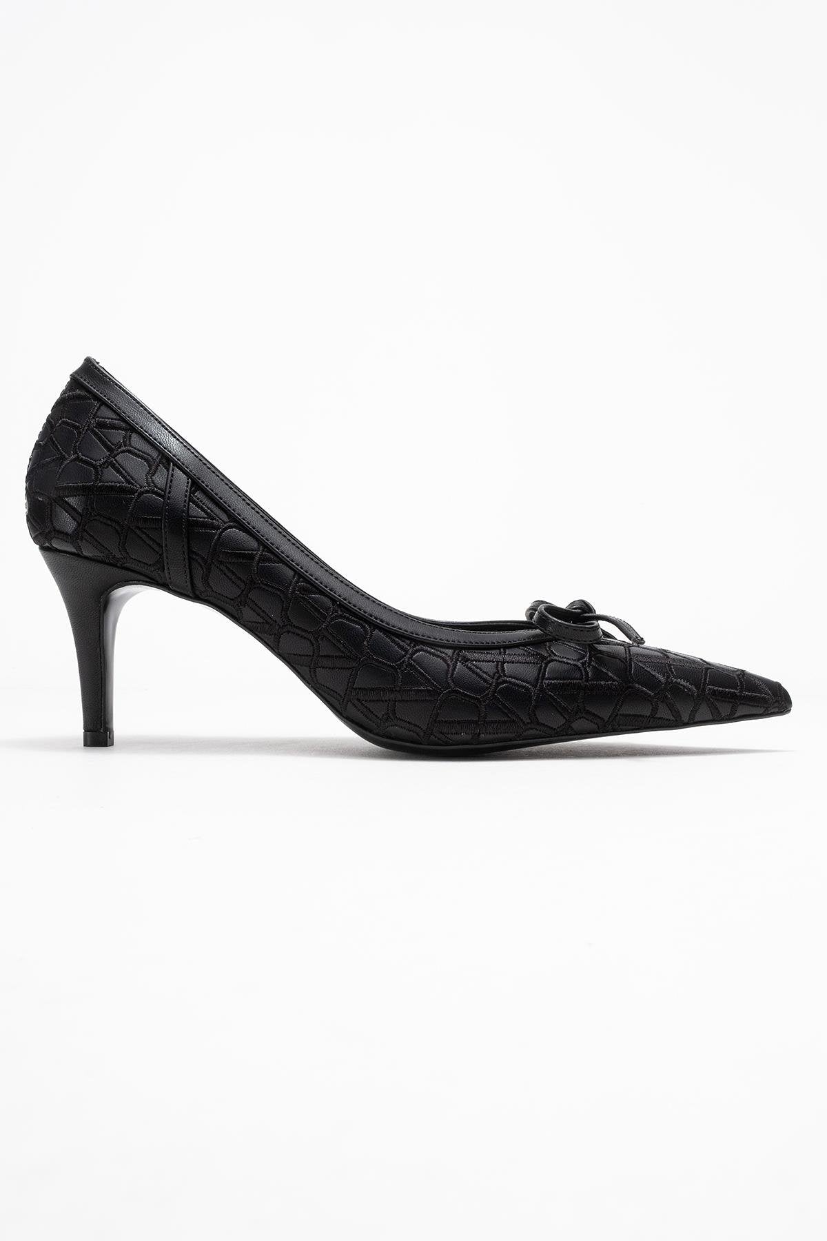 Camden - Black Patterned Bow Pump – top view showing bow, leather, black, SimmiUnique