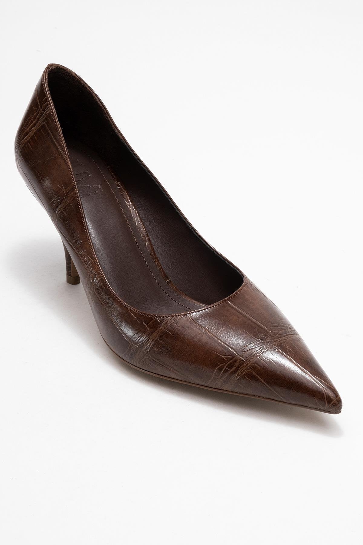 Marcus - Tan Printed Heeled Pump – detail view showing leather, red, SimmiUnique