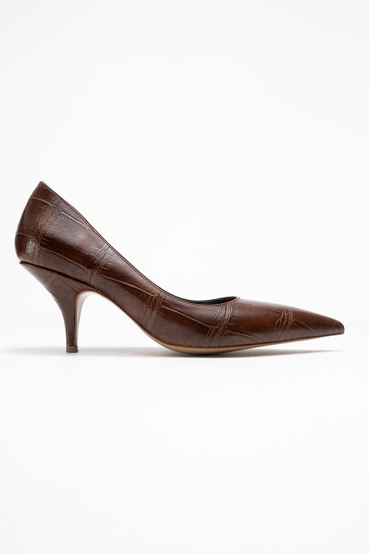 Marcus - Tan Printed Heeled Pump – top view showing leather, red, SimmiUnique