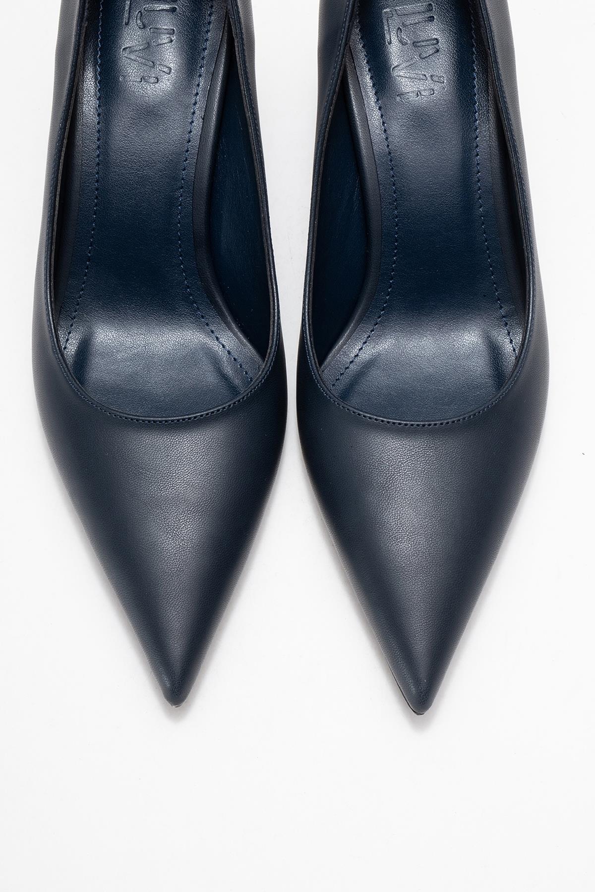 Marcus - Navy Heeled Pump – side view showing leather, SimmiUnique