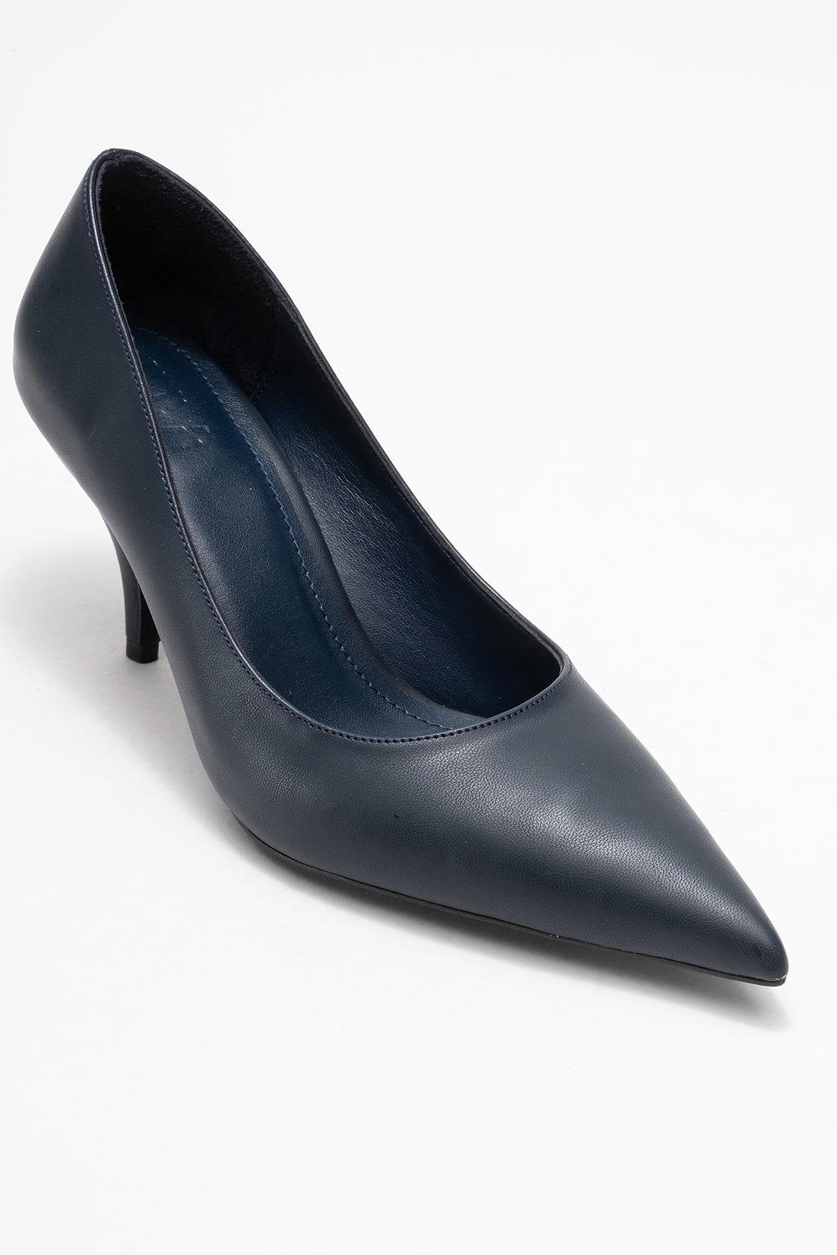 Marcus - Navy Heeled Pump – detail view showing leather, SimmiUnique